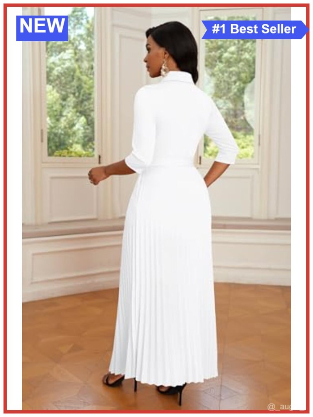 Women's Maxi Dress 3/4 Sleeve Button Down Pleated Church Work Dress - Picture 4 of 6